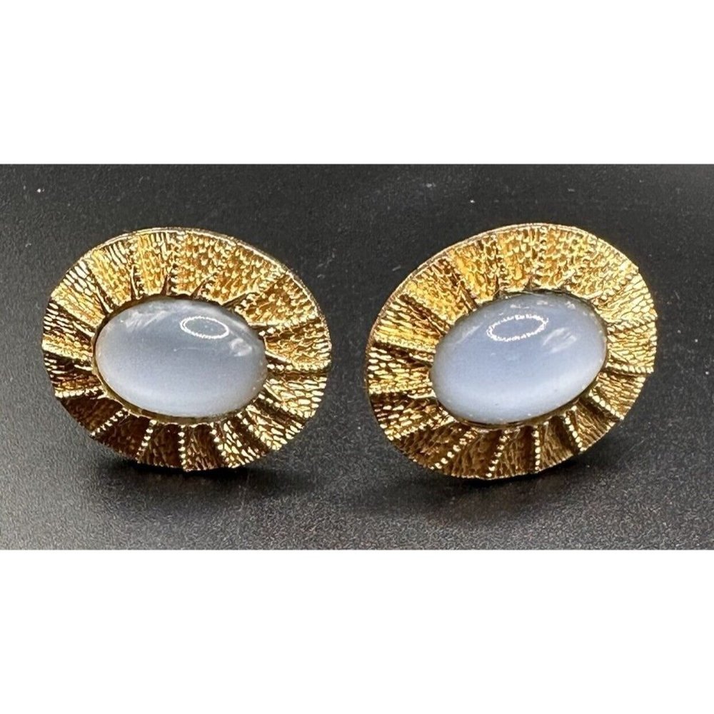 Ornate Goldtone Light‎ Blue Moonglow Glass Cufflinks